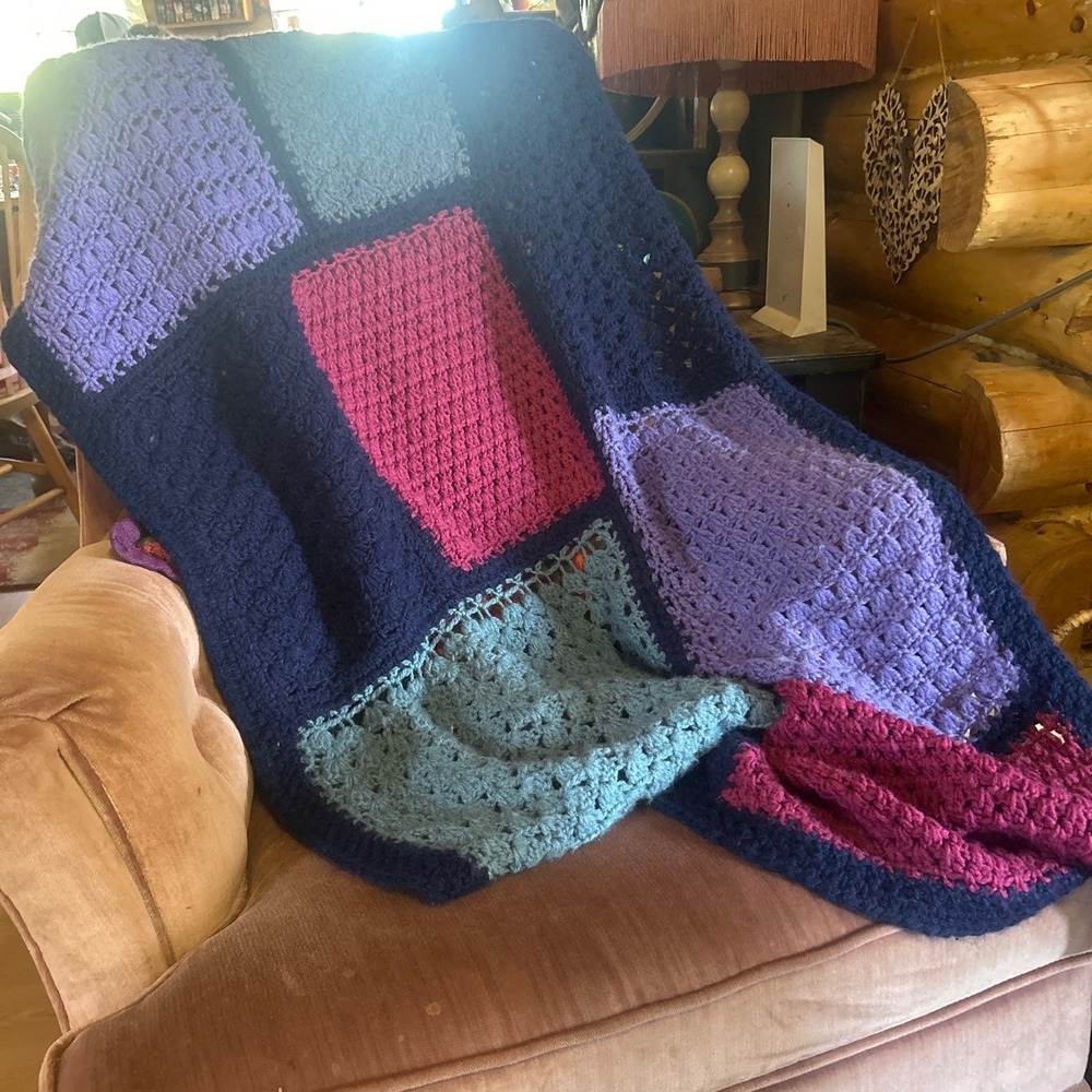 Handmade Crochet Colorblock Patchwork Throw Blanket Navy Purple Pink 50x30
